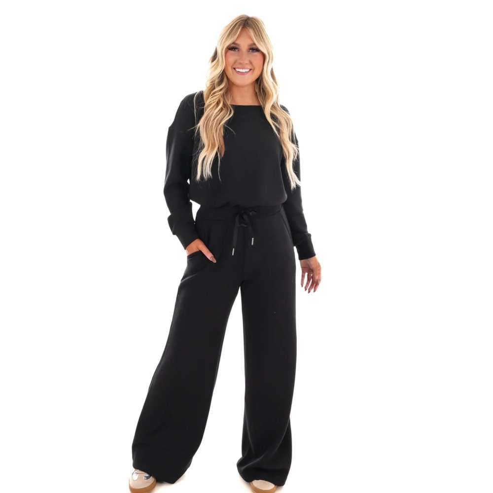 Spanx AirEssentials Wide Leg Jumpsuit Black Long Sleeve Drawstring 2X 2T